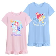 DDSOL Toddler Girls Nightgown Short Sleeves Cartooon Nighties Sleep Dress 2-Pack Sleepwear 5T